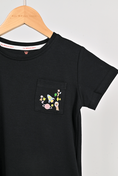 All Would Envy Tops UNIVERSE EMBROIDERY POCKET KIDS TEE IN BLACK