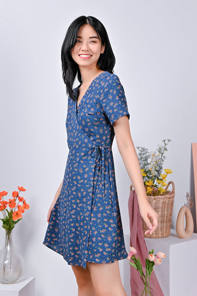 AWE Dresses CHERYL FLORAL WRAP DRESS IN BLUE