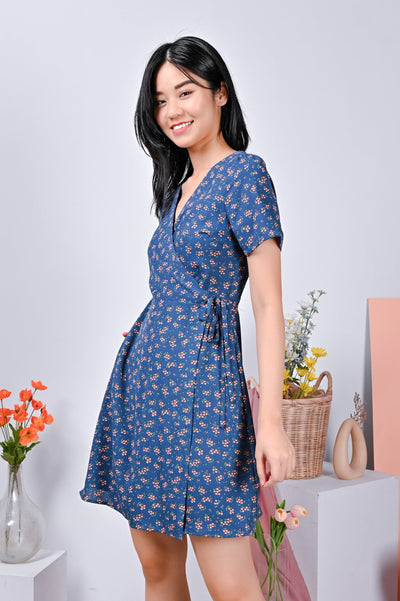 AWE Dresses CHERYL FLORAL WRAP DRESS IN BLUE