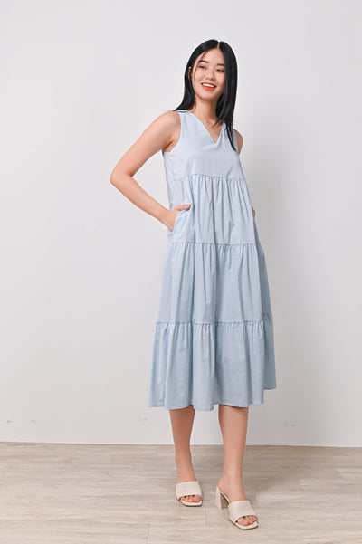 AWE Dresses DELLYN V-NECK TIERED DRESS IN BLUE