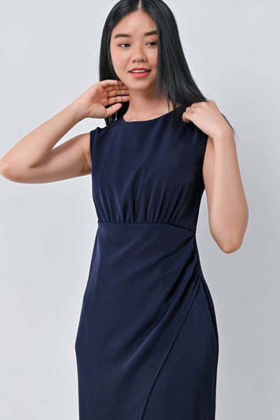 AWE Dresses HAE-IN RUCHED OVERLAP DRESS IN NAVY