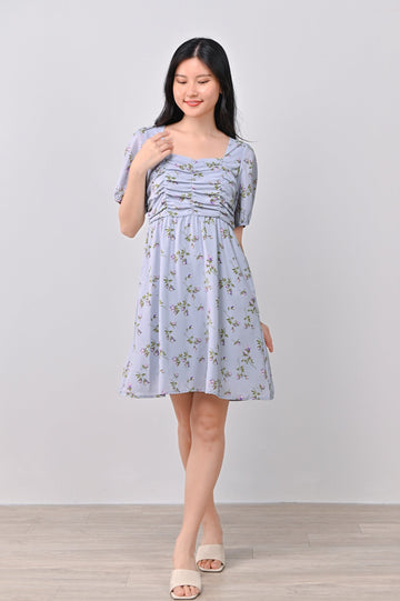 AWE Dresses HEIDI FLORAL RUCHED DRESS IN BLUE