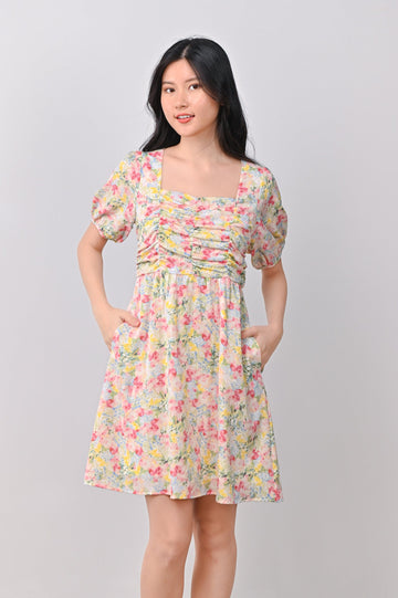 AWE Dresses HEIDI FLORAL RUCHED DRESS IN PINK