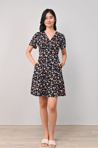 AWE Dresses JOULANI FLORAL BUTTON DRESS IN BLACK