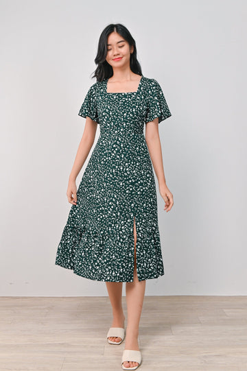AWE Dresses LEXIE FLORAL SQUARE-NECK SLIT DRESS IN GREEN