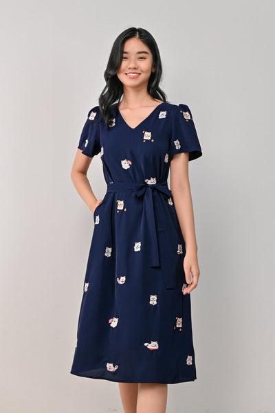 AWE Dresses LUCKY CAT EMB. SLEEVED DRESS IN NAVY