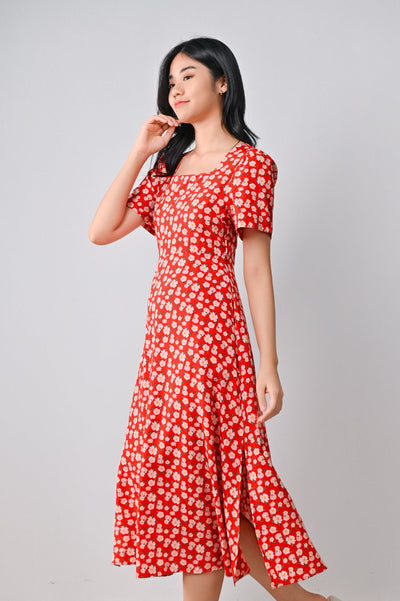 AWE Dresses MARA FLORAL SQUARE-NECK DRESS IN RED