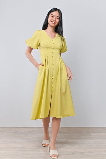 AWE Dresses MIYOUNG PUFF-SLEEVES DRESS IN LIME YELLOW