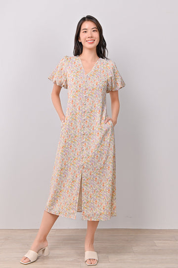 AWE Dresses SELMA FLORAL PUFF-SLEEVED DRESS IN CREAM