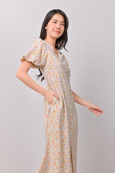 AWE Dresses SELMA FLORAL PUFF-SLEEVED DRESS IN CREAM