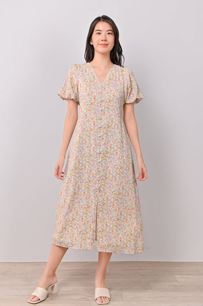 AWE Dresses SELMA FLORAL PUFF-SLEEVED DRESS IN CREAM