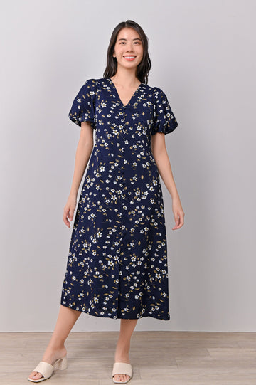 AWE Dresses SELMA FLORAL PUFF-SLEEVED DRESS IN NAVY