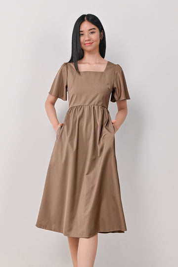 AWE Dresses VERITY SQUARE-NECK DRESS IN KHAKI