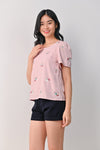 AWE Tops LUCKY CAT EMB. SLEEVED TOP IN PINK