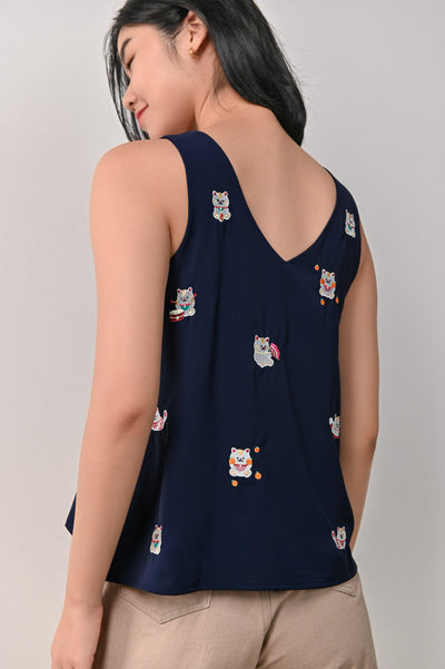 AWE Tops LUCKY CAT EMB. TWO-WAY TOP IN NAVY