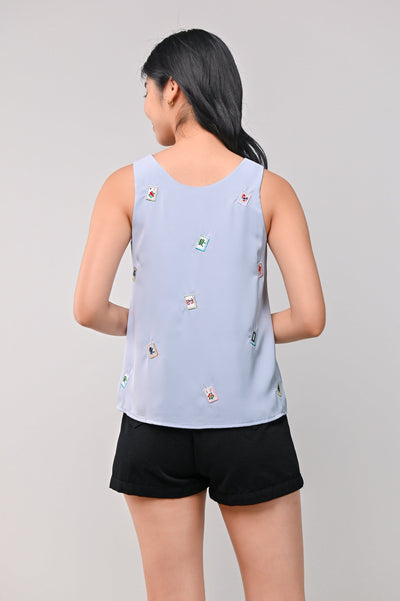 AWE Tops MAHJONG EMBROIDERY TWO-WAY TOP IN BLUE