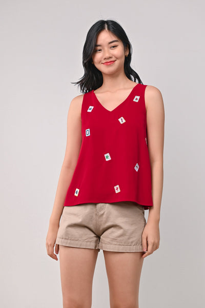 AWE Tops MAHJONG EMBROIDERY TWO-WAY TOP IN RED