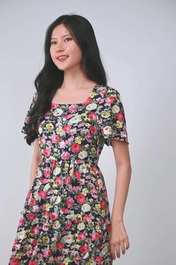 ROBIN FLORAL SQUARE-NECK DRESS IN VIBRANT