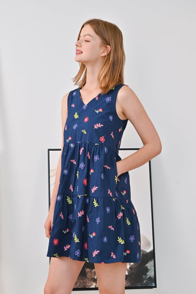 AWE Bottoms JESSIE EMBROIDERED TIERED DRESS IN NAVY
