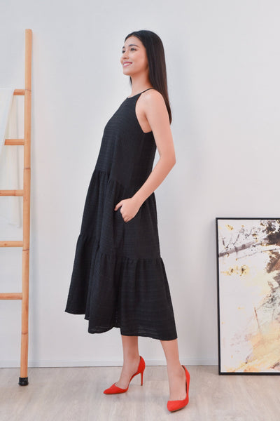 AWE Dresses CHARLENE TEXTURED MIDI DRESS IN BLACK