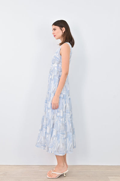 AWE Dresses DAWN ABSTRACT TIERED MAXI DRESS IN BLUE