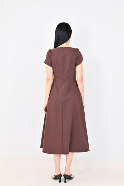 AWE Dresses DIANA SLEEVED BUTTONED MIDI DRESS IN BROWN