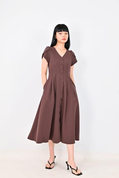 AWE Dresses DIANA SLEEVED BUTTONED MIDI DRESS IN BROWN