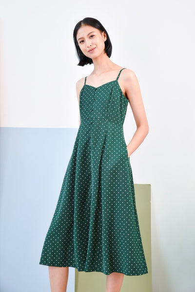 AWE Dresses FELICIA SPAG BUTTONED MIDI DRESS IN FOREST POLKA