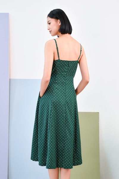 AWE Dresses FELICIA SPAG BUTTONED MIDI DRESS IN FOREST POLKA