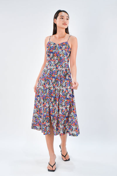 AWE Dresses FELICIA SPAG BUTTONED MIDI DRESS IN NAVY FLORAL