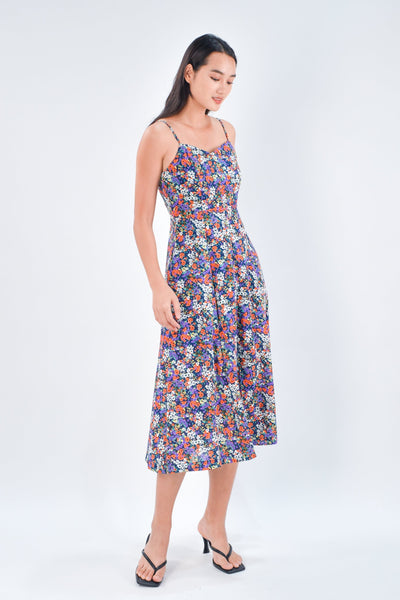 AWE Dresses FELICIA SPAG BUTTONED MIDI DRESS IN NAVY FLORAL