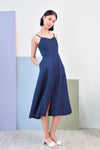 AWE Dresses FELICIA SPAG BUTTONED MIDI DRESS IN NAVY POLKA
