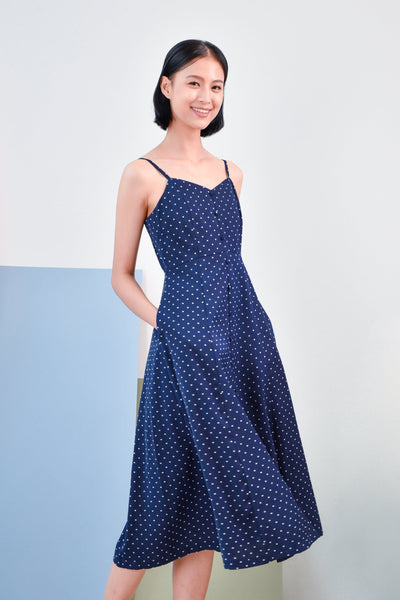 AWE Dresses FELICIA SPAG BUTTONED MIDI DRESS IN NAVY POLKA