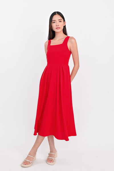 AWE Dresses GLORIA PLEAT MIDI DRESS IN RED