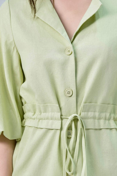 JERENA APPLE GREEN BALLOON-SLEEVE DRAWSTRING DRESS