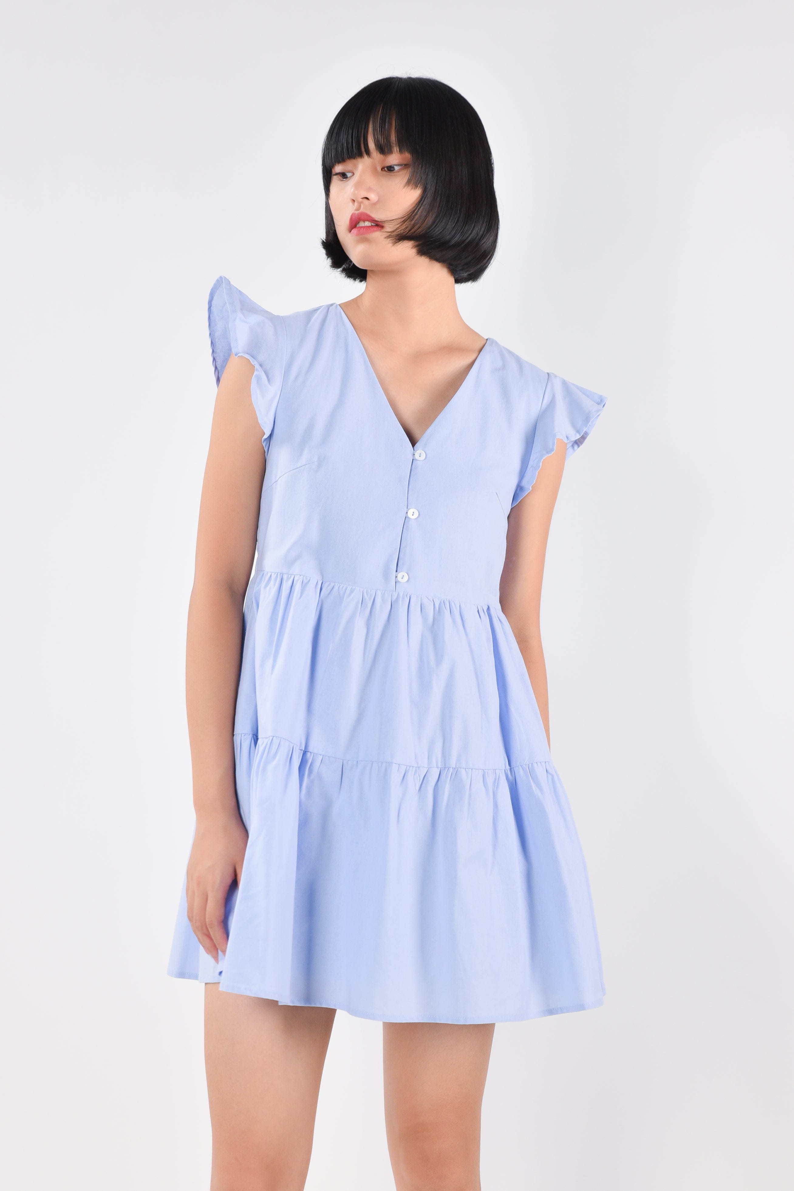 JESSICA FLUTTER-SLEEVES MINI DRESS IN BLUE – All Would Envy