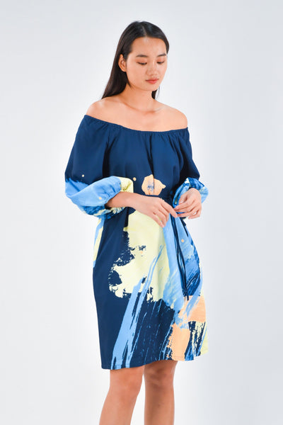 AWE Dresses PAINT PUFF-SLEEVED DRESS IN NAVY