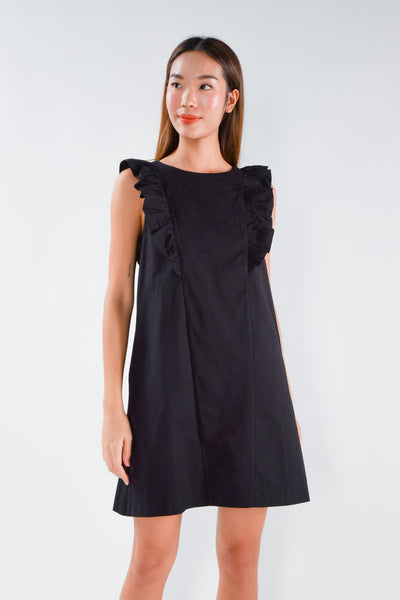 AWE Dresses SARAH RUFFLES SHIFT DRESS IN BLACK