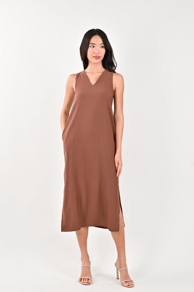AWE Dresses SERENA SIDE-SLIT DRESS IN BROWN