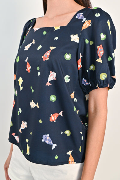 AWE Tops LUCKY KOI SQUARE-NECK TOP IN NAVY