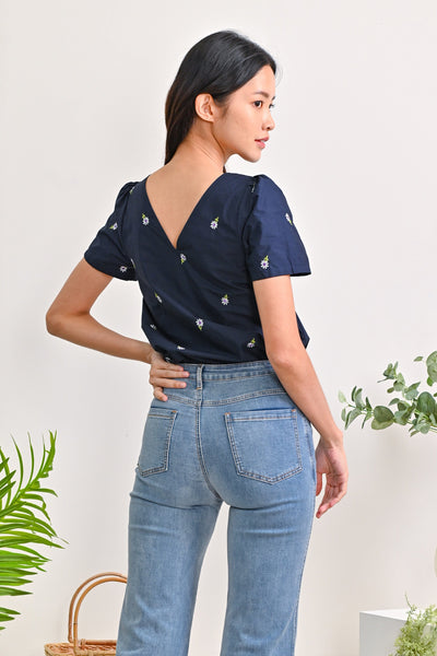AWE Tops PIPPA EMBROIDERY SLEEVED TOP IN NAVY