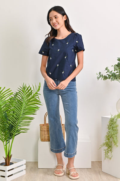 AWE Tops PIPPA EMBROIDERY SLEEVED TOP IN NAVY